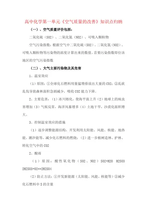 高中化学第一单元《空气质量的改善》知识点归纳
