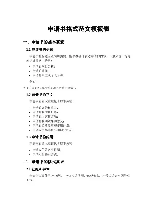 申请书格式范文模板表