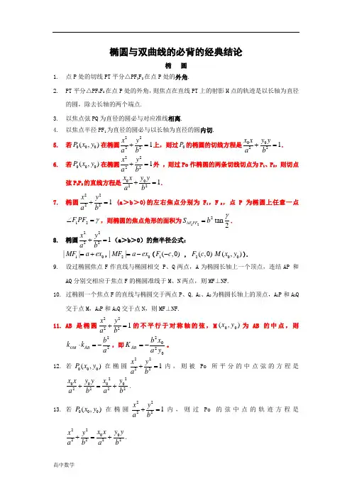 高中数学椭圆与双曲线的必背的经典结论