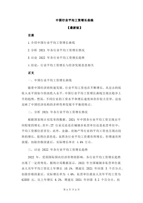 中国行业平均工资增长曲线