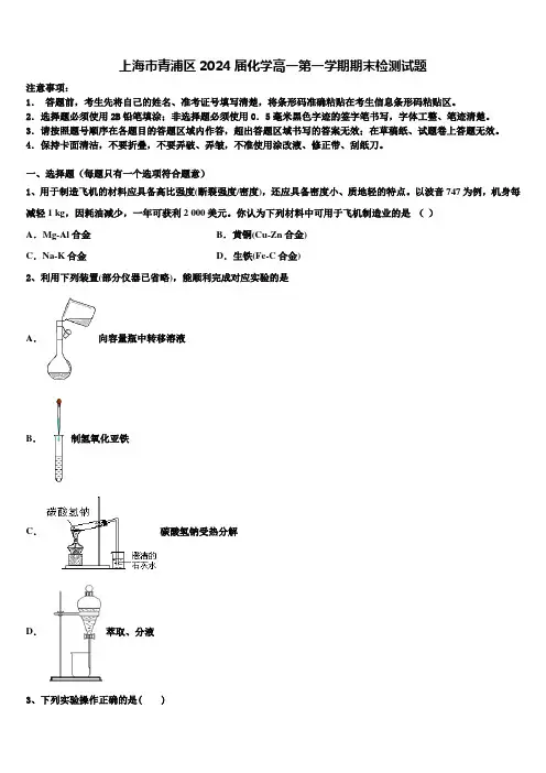 上海市青浦区2024届化学高一第一学期期末检测试题含解析