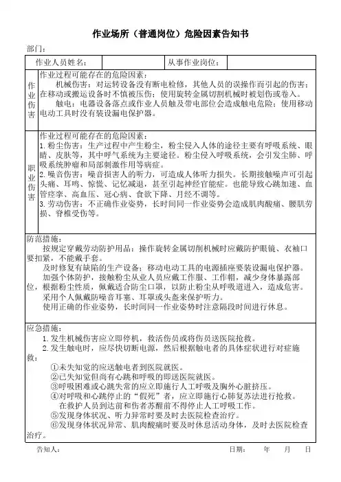 作业场所(普通岗位)危险因素告知书