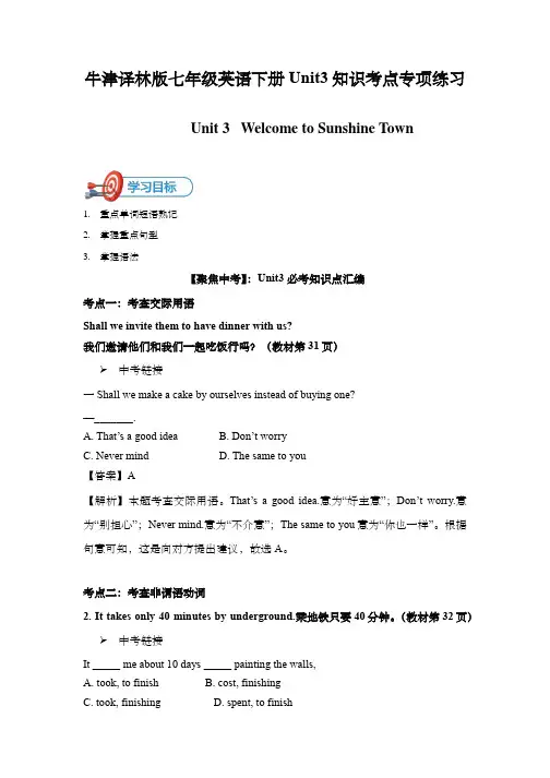 牛津译林版七年级英语下册Unit3知识考点专项练习 