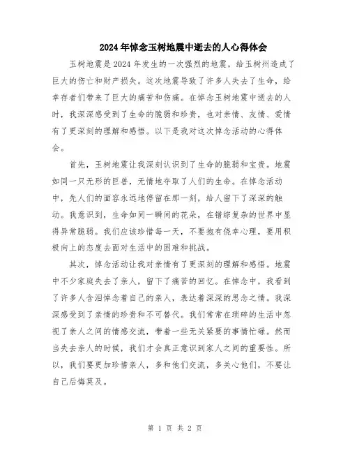 2024年悼念玉树地震中逝去的人心得体会