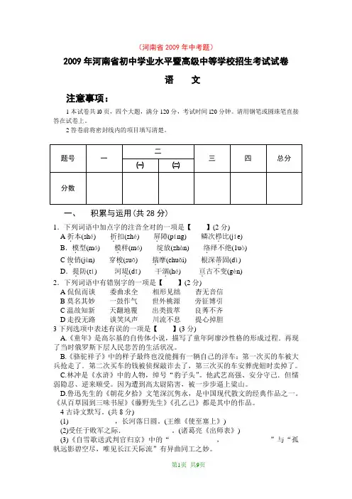 2009年河南省中考语文试题(含答案)