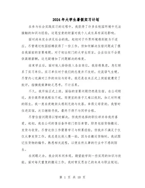 2024年大学生暑假实习计划（五篇）