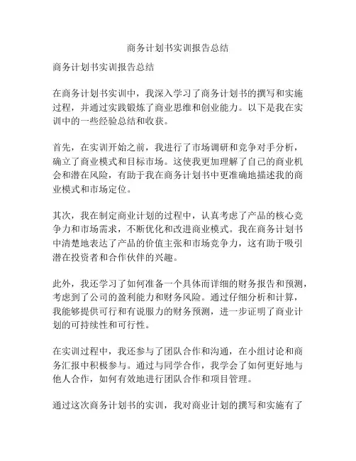 商务计划书实训报告总结