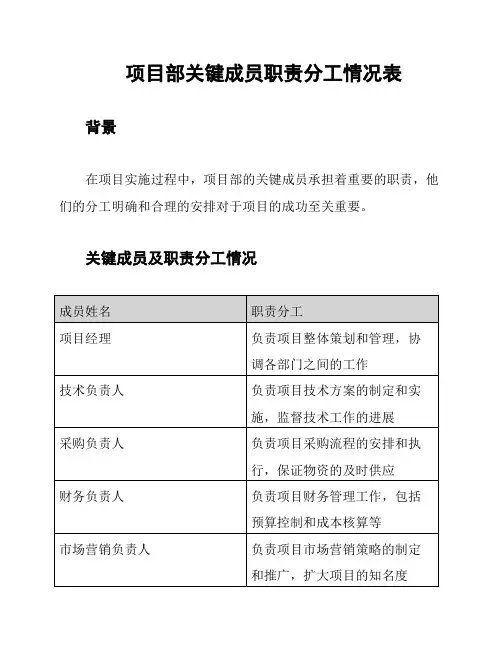 项目部关键成员职责分工情况表