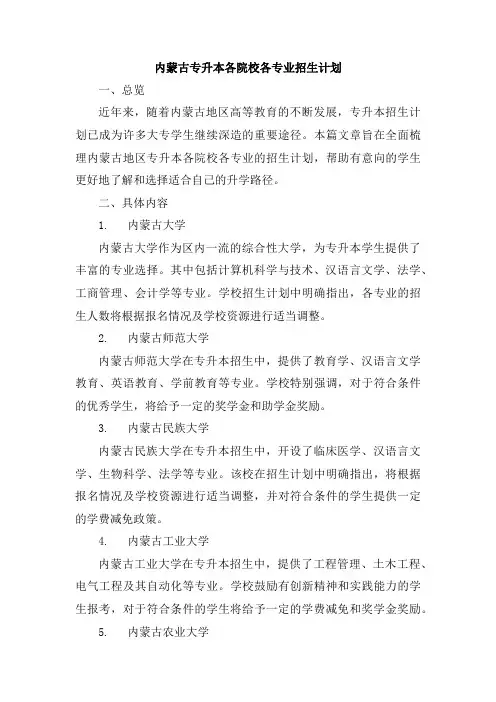 内蒙古专升本各院校各专业招生计划