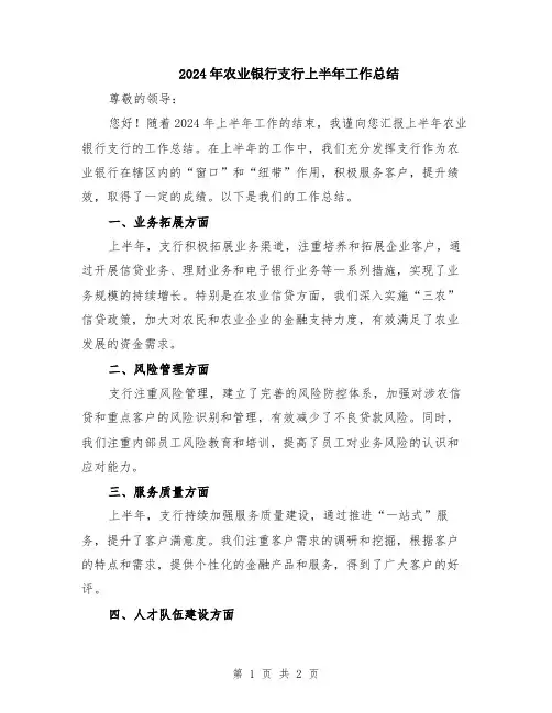 2024年农业银行支行上半年工作总结