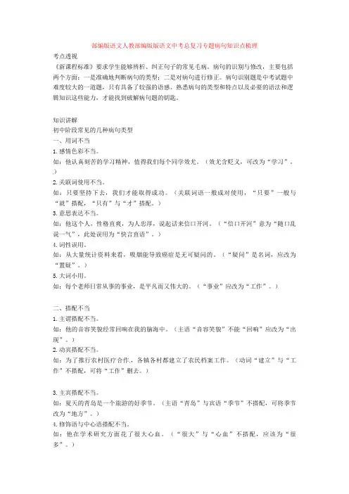 部编版语文人教部编版版语文中考总复习专题病句知识点梳理