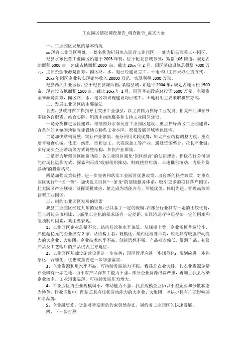 工业园区情况调查报告_调查报告_范文大全