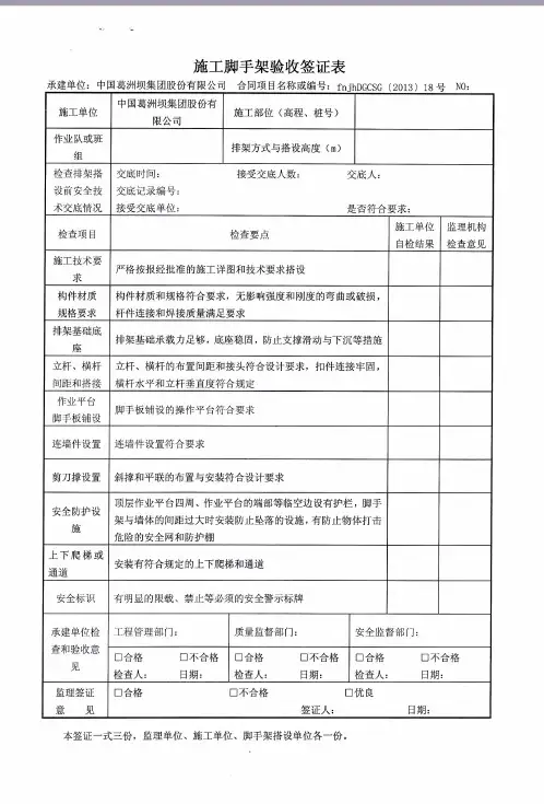 施工脚手架验收签证表