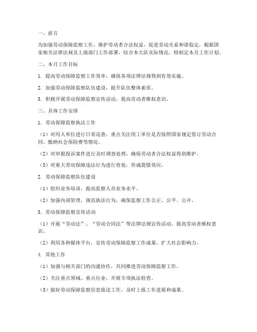 劳动监察大队每月工作计划