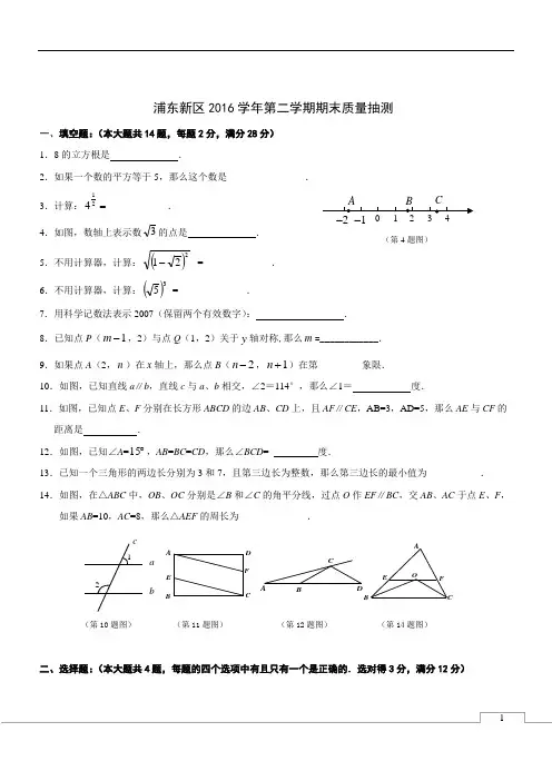浦东新区2016学年数学第二学期期末质量抽测七 年 级(初一年级)数 学 试 卷
