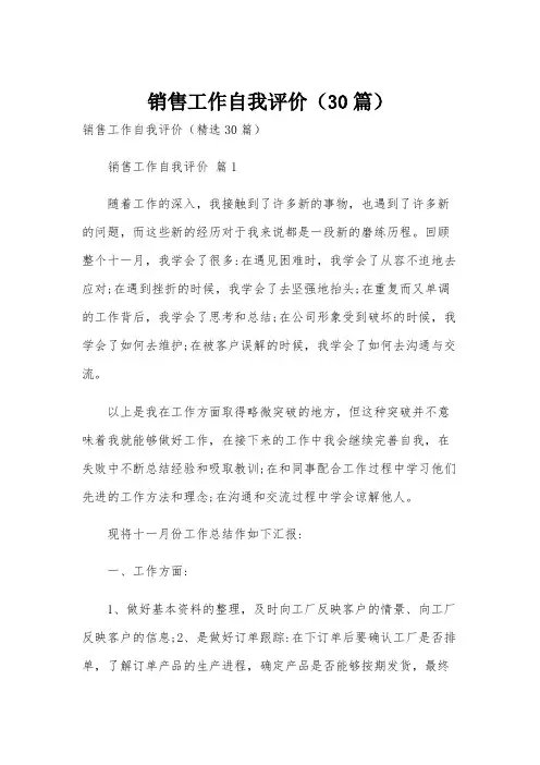 销售工作自我评价(30篇)