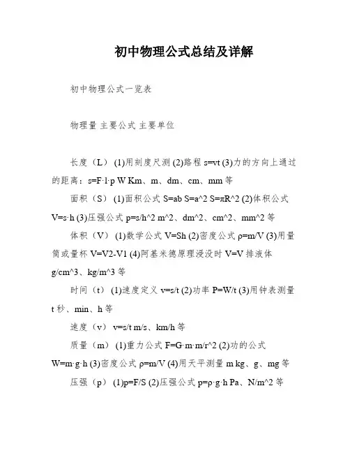 初中物理公式总结及详解