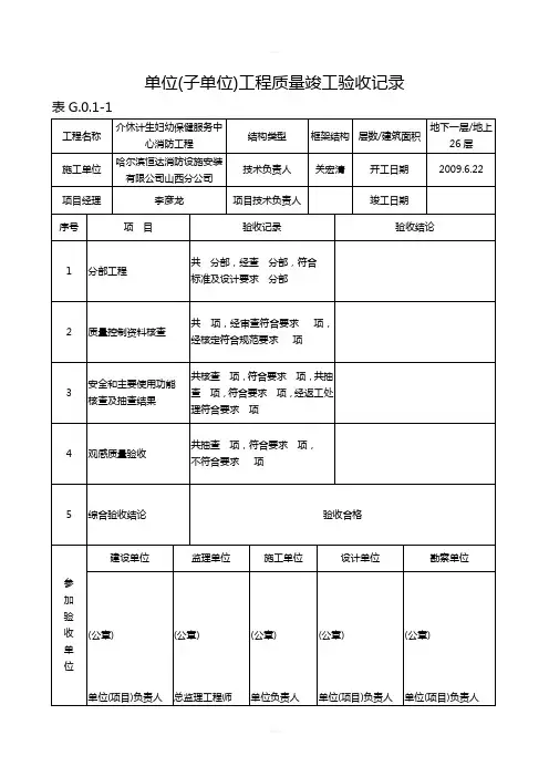 单位子单位工程质量控制资料核查记录表