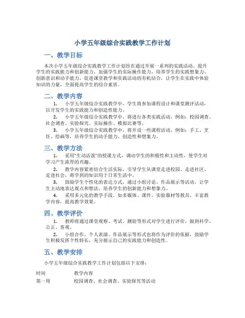 小学五年级综合实践教学工作计划