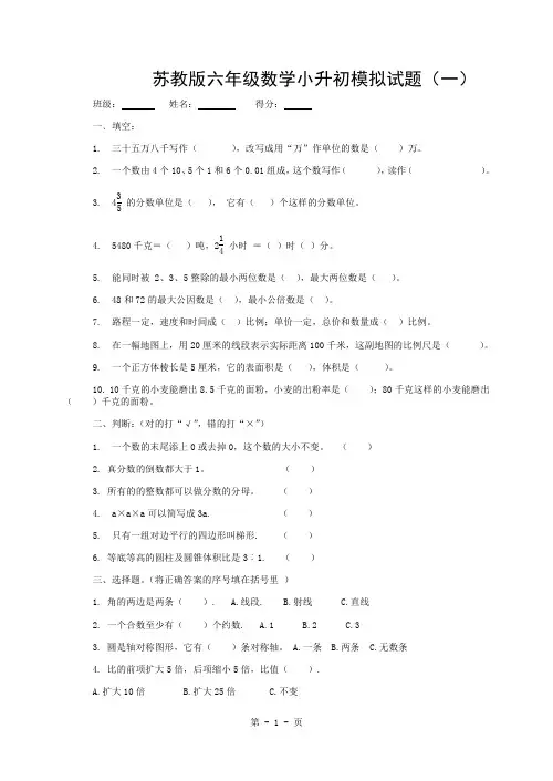 数学六年级小升初模拟试卷(共10套)苏教版(含答案)