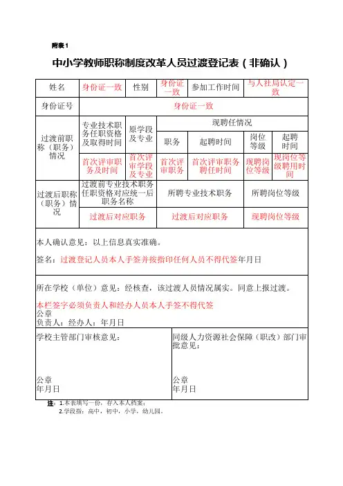 中小学教师职称制度改革人员过渡登记表