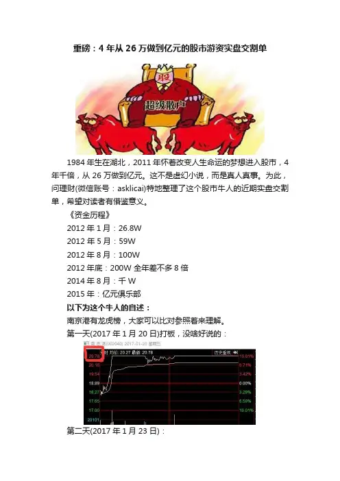 重磅：4年从26万做到亿元的股市游资实盘交割单