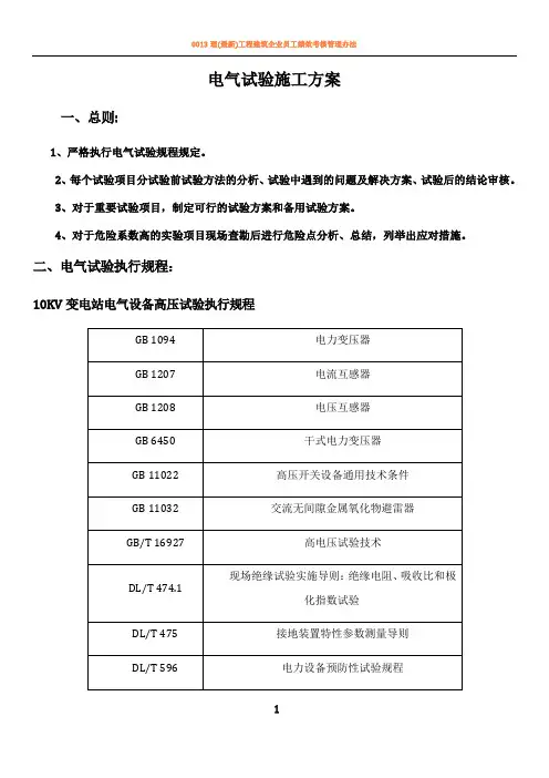 10kV电气试验方案