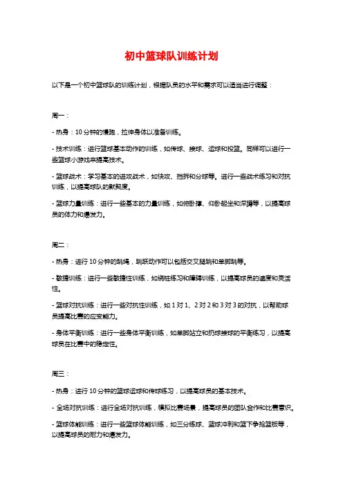 初中篮球队训练计划
