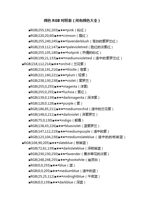 颜色RGB对照表（所有颜色大全）