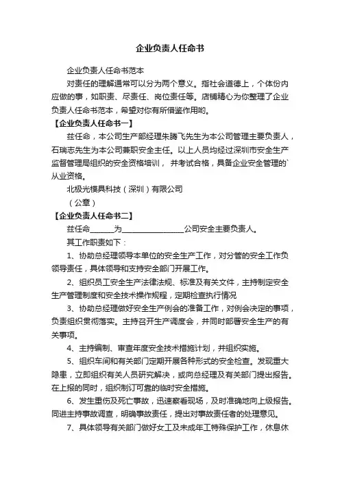 企业负责人任命书