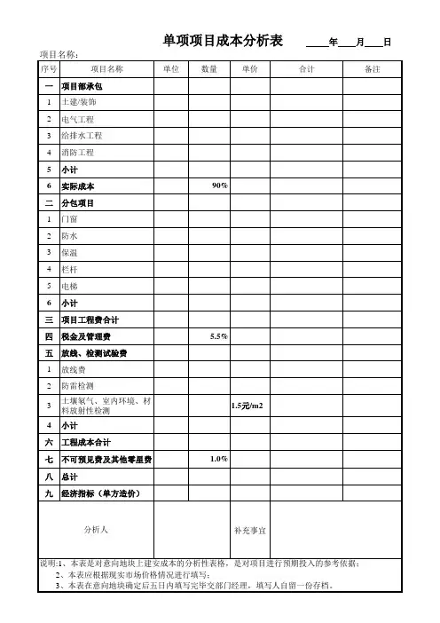单项项目成本分析表