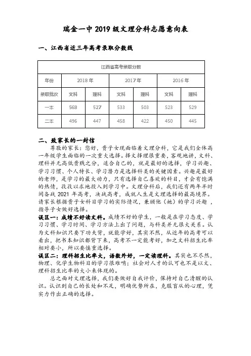 瑞金一中2019级文理分科志愿意向表