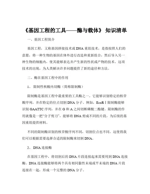 《基因工程的工具——酶与载体》 知识清单