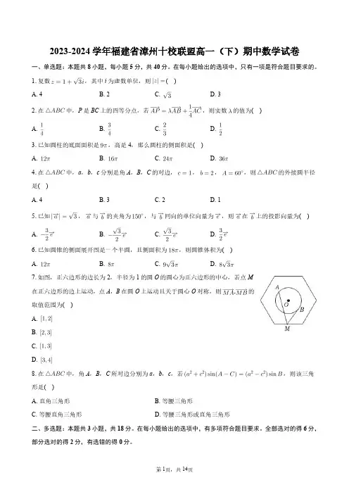 2023-2024学年福建省漳州十校联盟高一(下)期中数学试卷+答案解析
