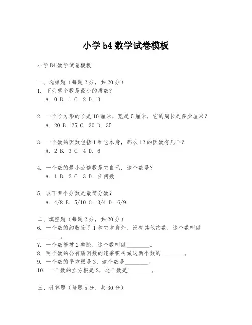 小学b4数学试卷模板