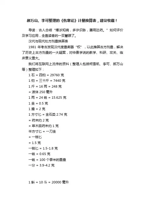 郝万山、李可整理的《伤寒论》计量换算表，建议收藏！