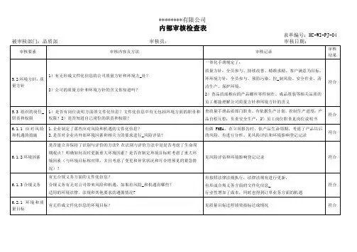 ISO9001品质部内审检查表