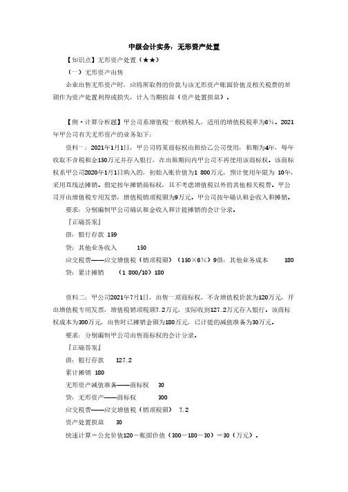 2023中级会计实务：无形资产处置