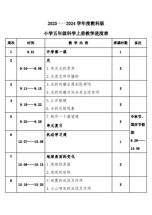 2023年秋学期教科版小学科学五年级上册教学进度表