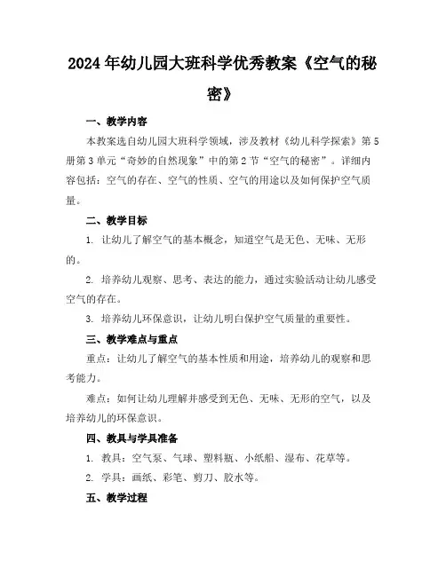 2024年幼儿园大班科学优秀教案《空气的秘密》