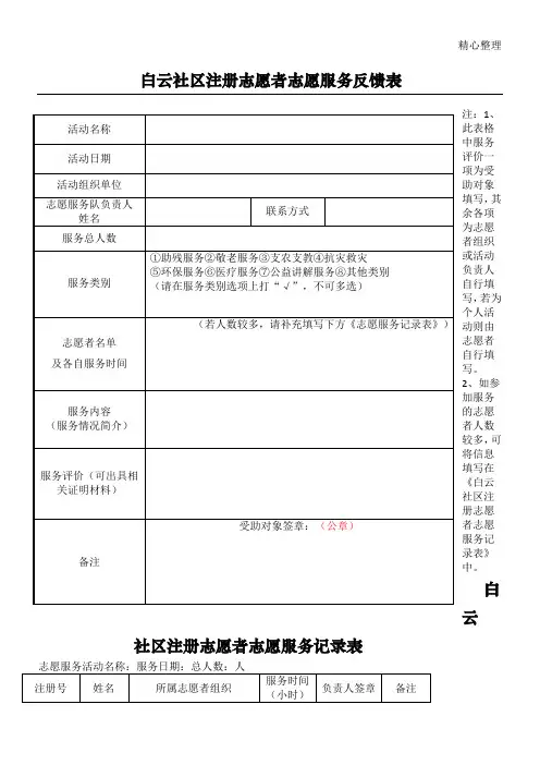 志愿服务反馈表格模板+服务记录表格模板