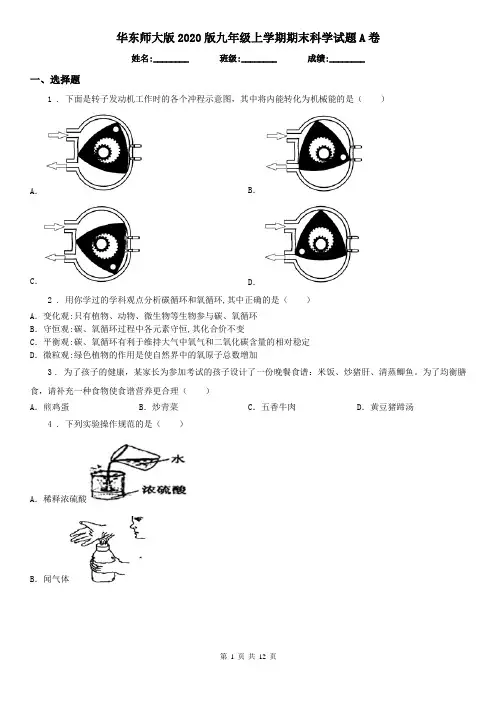 华东师大版2020版九年级上学期期末科学试题A卷