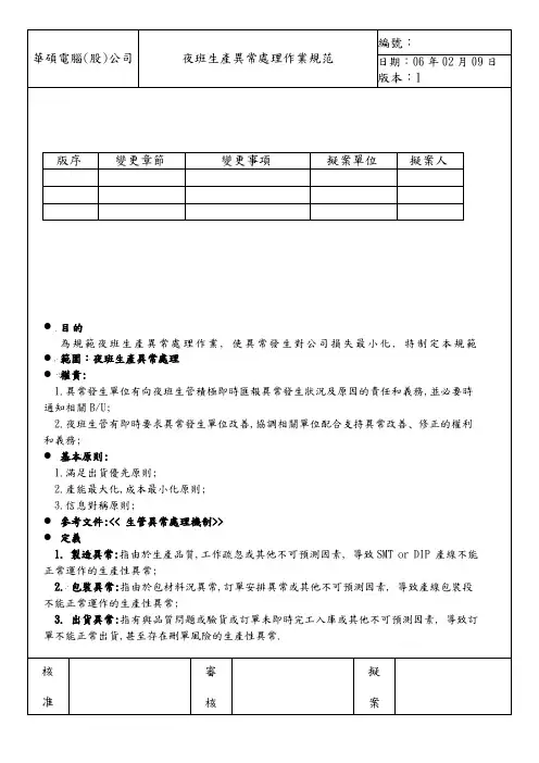 夜班生产异常处理作业规范1