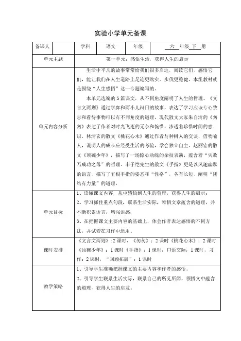(修改版)人教版六年级语文下册集体备课全册教案(113页)