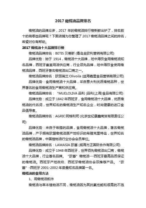 2017橄榄油品牌排名