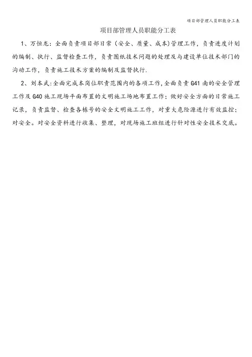 项目部管理人员职能分工表