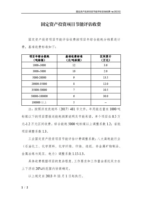 固定资产投资项目节能评估收费标准