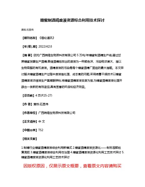 糖蜜制酒精废液资源综合利用技术探讨
