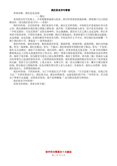 初中作文初中满分作文范文 我们的名字叫青春