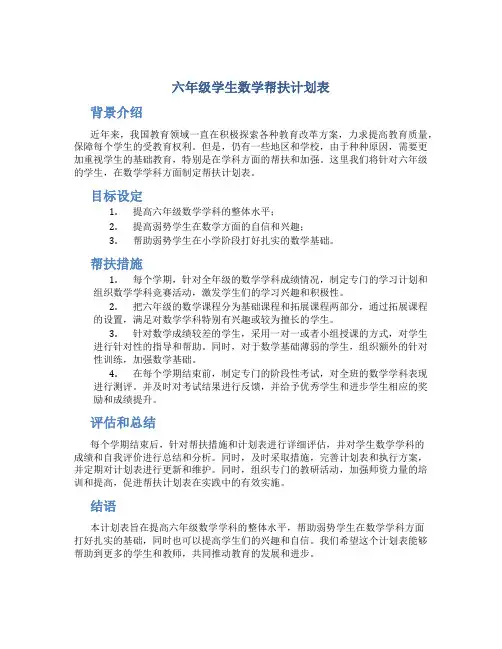 六年级学生数学帮扶计划表
